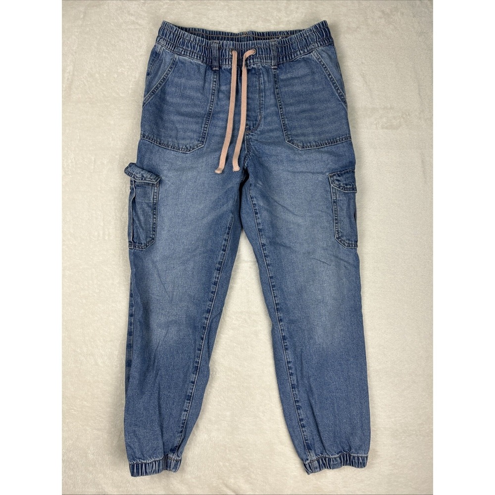 American Eagle High-Waisted Cargo Denim Jogger Women Size Medium Light Blue Wash